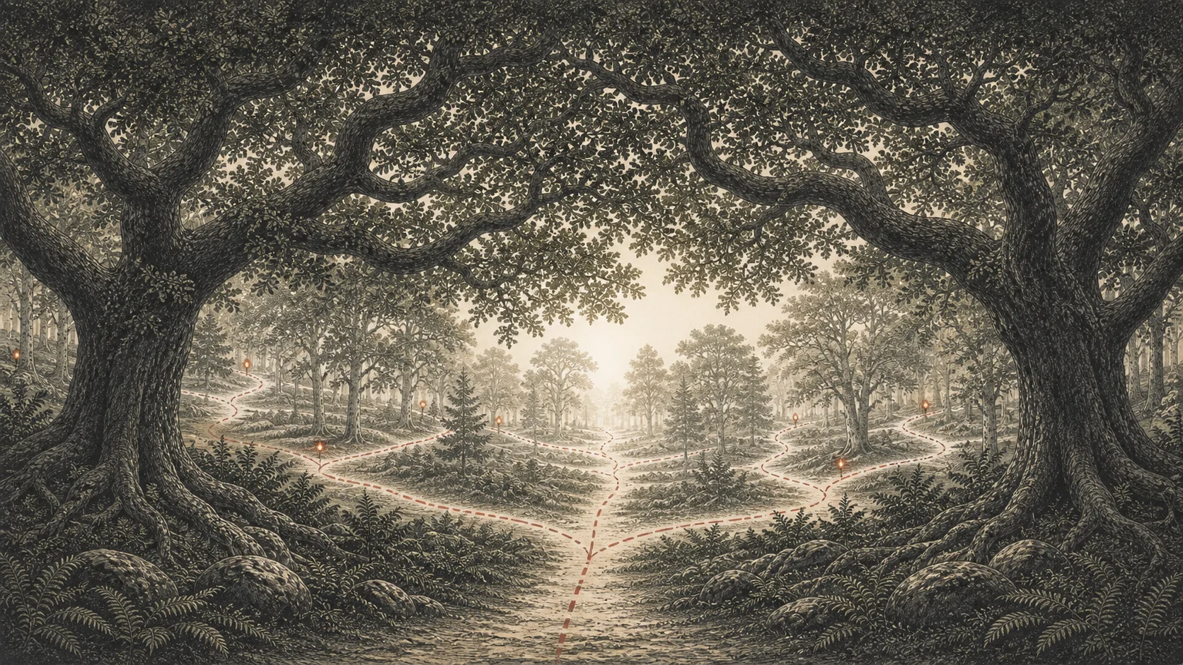 Several surveyed routes open beneath one broad oak canopy.